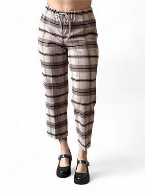 The Group by Babaton Cream and Brown Plaid Drawstring Ankle Pants